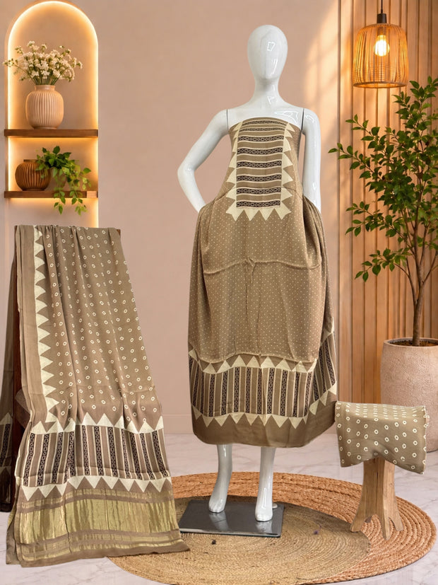 Premium  Ajrakh Hand Block Print Modal Silk 3-Piece Suit Set with Zari Pallu Dupatta