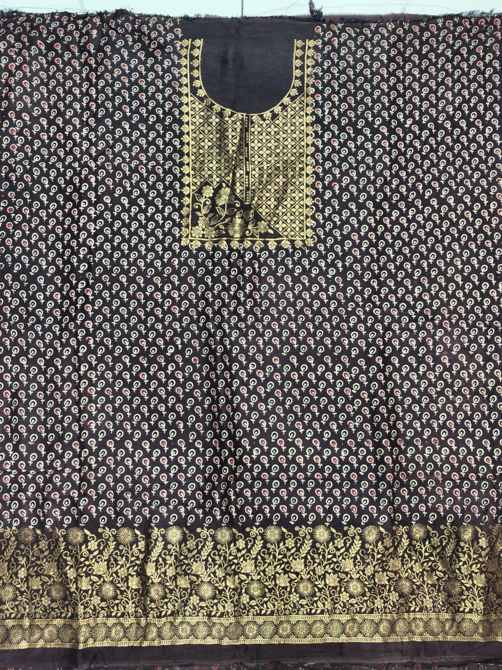 Premium Dola Silk Ajrakh Hand Block Print Natural Dye 2-Piece Suit with Zari Border Dupatta