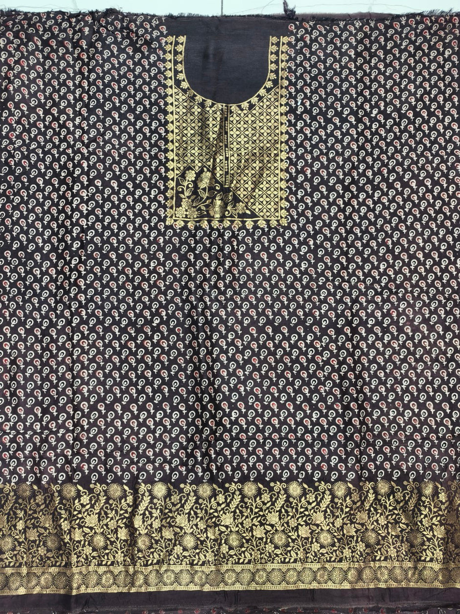 Premium Dola Silk Ajrakh Hand Block Print Natural Dye 2-Piece Suit with Zari Border Dupatta