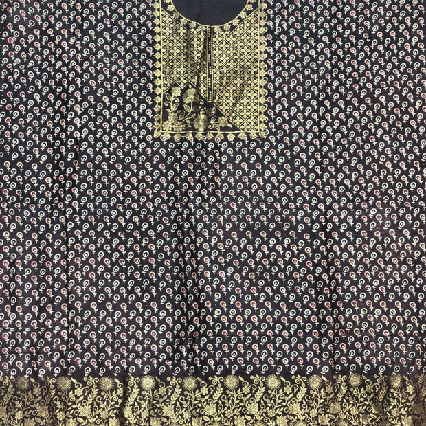 Premium Dola Silk Ajrakh Hand Block Print Natural Dye 2-Piece Suit with Zari Border Dupatta