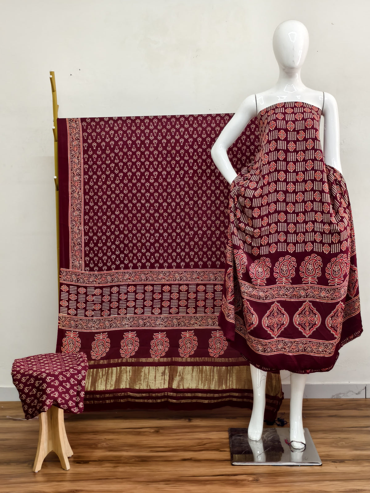 Havi Modal Silk Ajrakh Neptol Dye & Discharge Print Panel Design 3-Piece Suit - The Ajrakh Studio