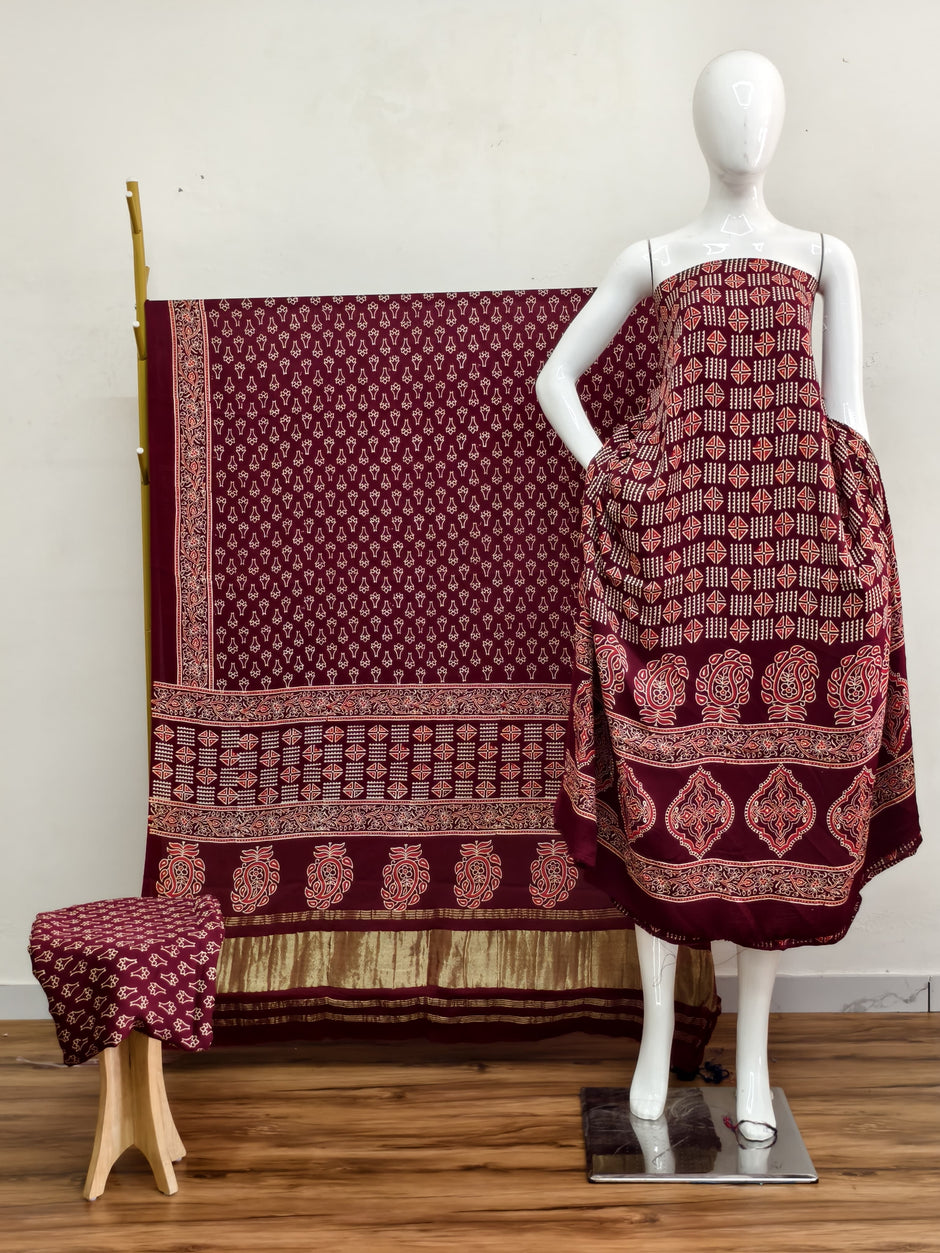 Havi Modal Silk Ajrakh Neptol Dye & Discharge Print Panel Design 3-Piece Suit - The Ajrakh Studio
