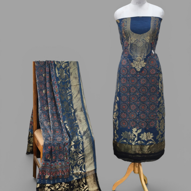 Premium Dola Silk Ajrakh Hand Block Print Natural Dye 2-Piece Suit with Zari Border Dupatta