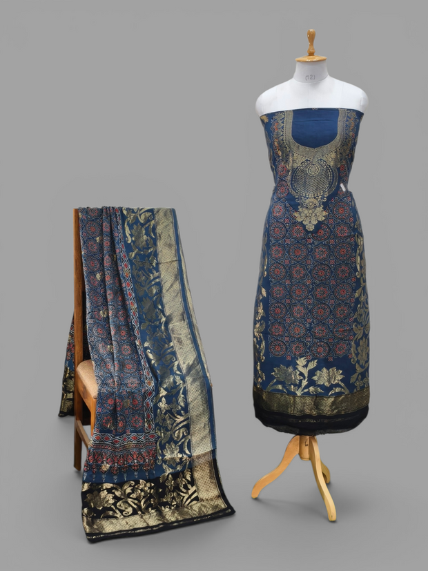 Premium Dola Silk Ajrakh Hand Block Print Natural Dye 2-Piece Suit with Zari Border Dupatta