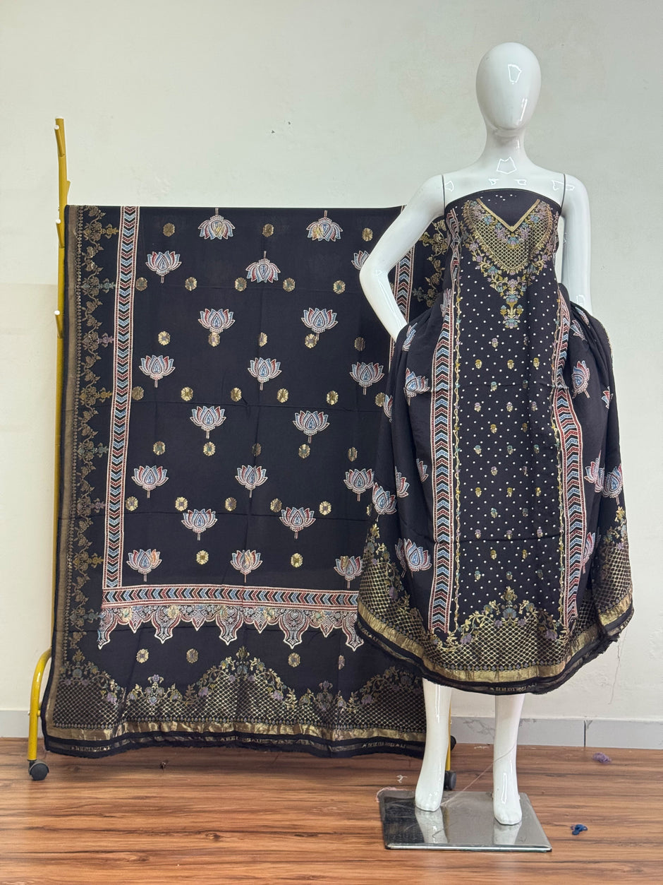 Meena Kari Dola Silk Ajrakh Hand Block Print 2-Piece Suit 08 - The Ajrakh Studio