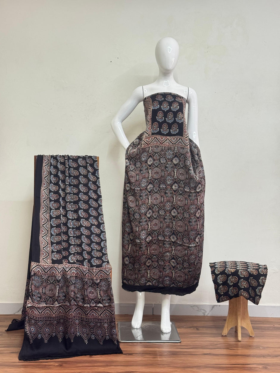 Havi Pure Modal Silk Ajrakh Hand Block Print Natural Dye Suit 102 - The Ajrakh Studio