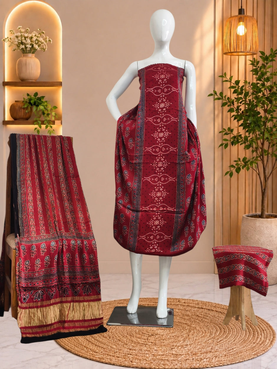Ajrakh Hand Block Print Natural Dye Pure Modal Silk 3 Piece Suit with Zari Pallu Dupatta