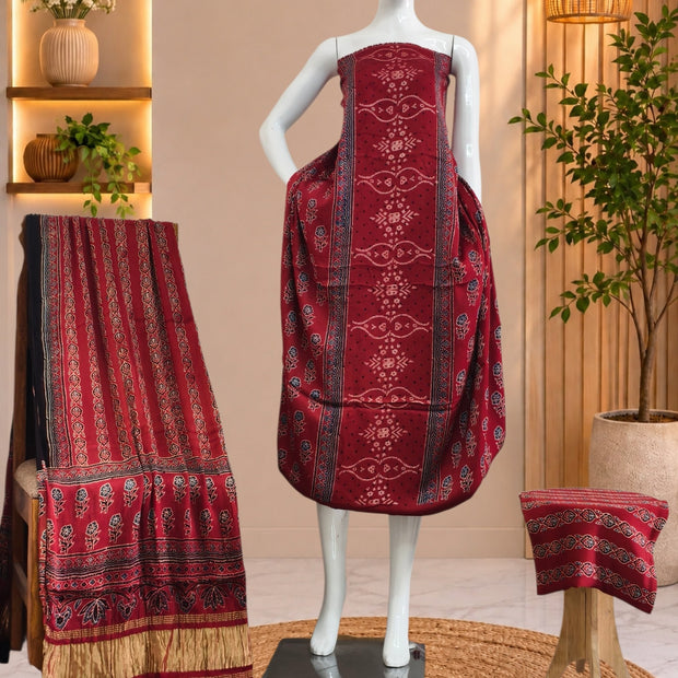 Ajrakh Hand Block Print Natural Dye Pure Modal Silk 3 Piece Suit with Zari Pallu Dupatta