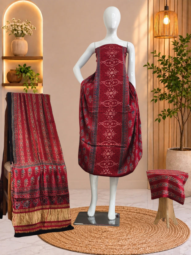 Ajrakh Hand Block Print Natural Dye Pure Modal Silk 3 Piece Suit with Zari Pallu Dupatta