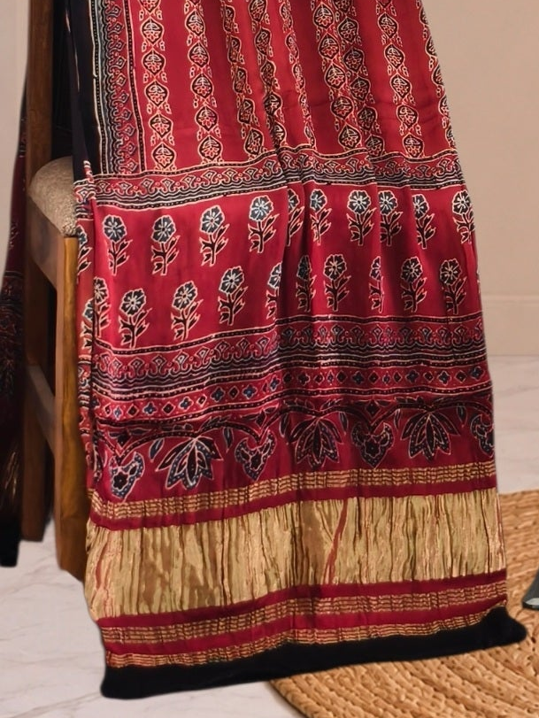 Ajrakh Hand Block Print Natural Dye Pure Modal Silk 3 Piece Suit with Zari Pallu Dupatta