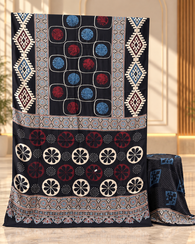 Elegant Modal Silk Ajrakh Hand Block Print Natural Dye Saree - The Ajrakh Studio
