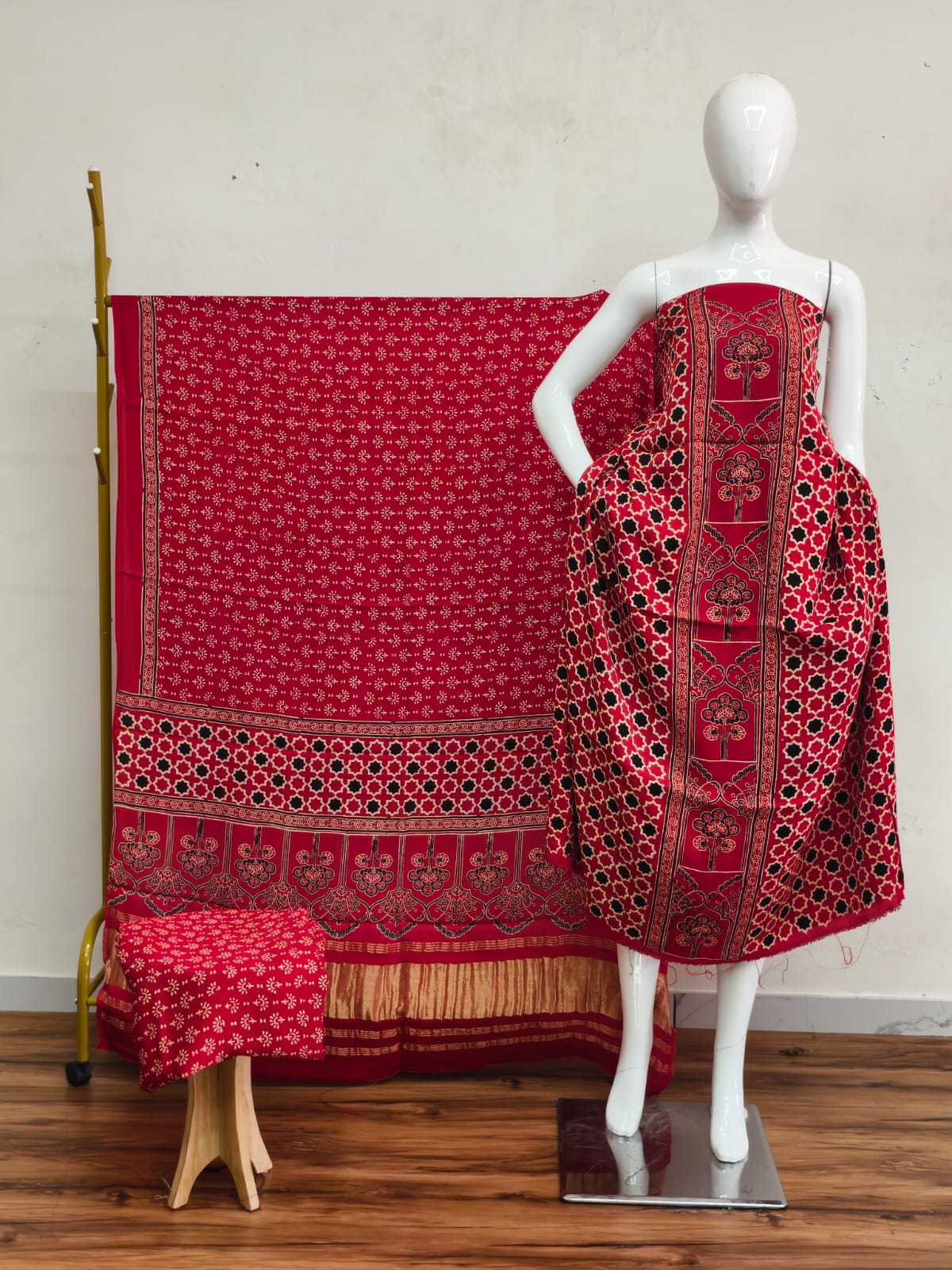 Havi Modal Silk Ajrakh Neptol Dye & Discharge Print Panel Design 3-Piece Suit - The Ajrakh Studio