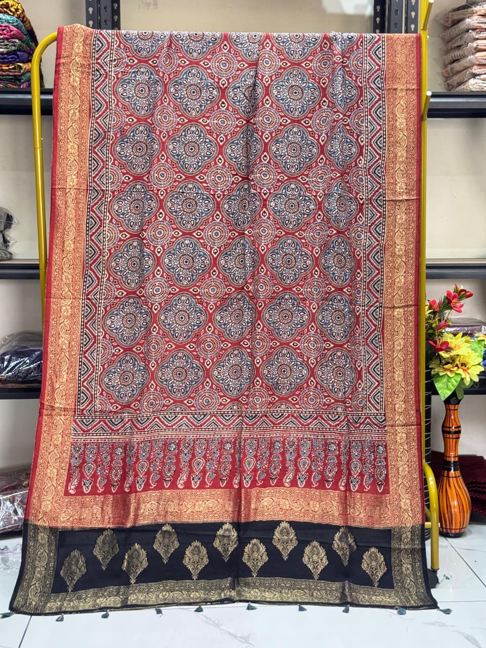Dola Silk Ajrakh Hand Block Print Natural Dye Zari Pallu Dupatta 04 - The Ajrakh Studio
