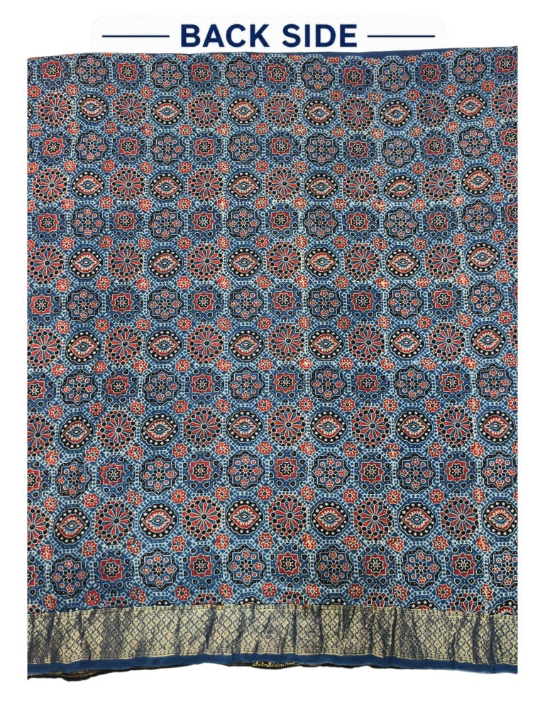Premium Dola Silk Ajrakh Hand Block Print Natural Dye 2-Piece Suit with Zari Border Dupatta