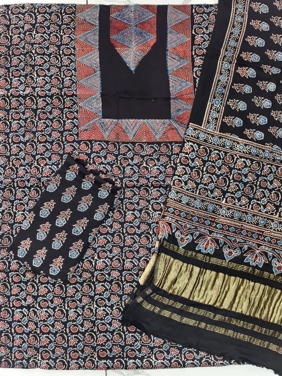 Havi Pure Modal Silk Ajrakh Natural Dye Zari Pallu Suit 08 - The Ajrakh Studio