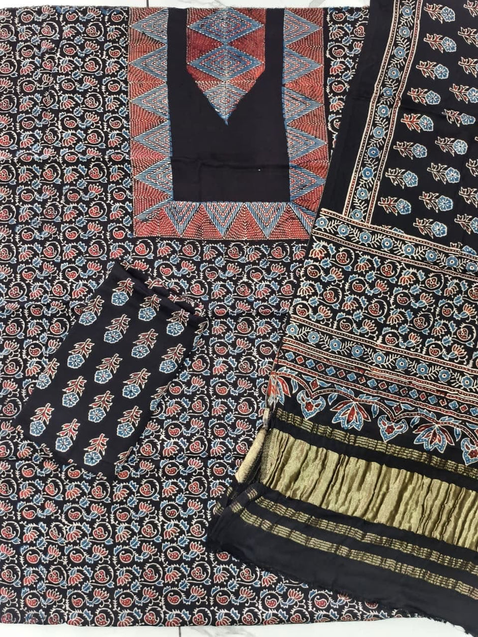 Havi Pure Modal Silk Ajrakh Natural Dye Zari Pallu Suit 08 - The Ajrakh Studio
