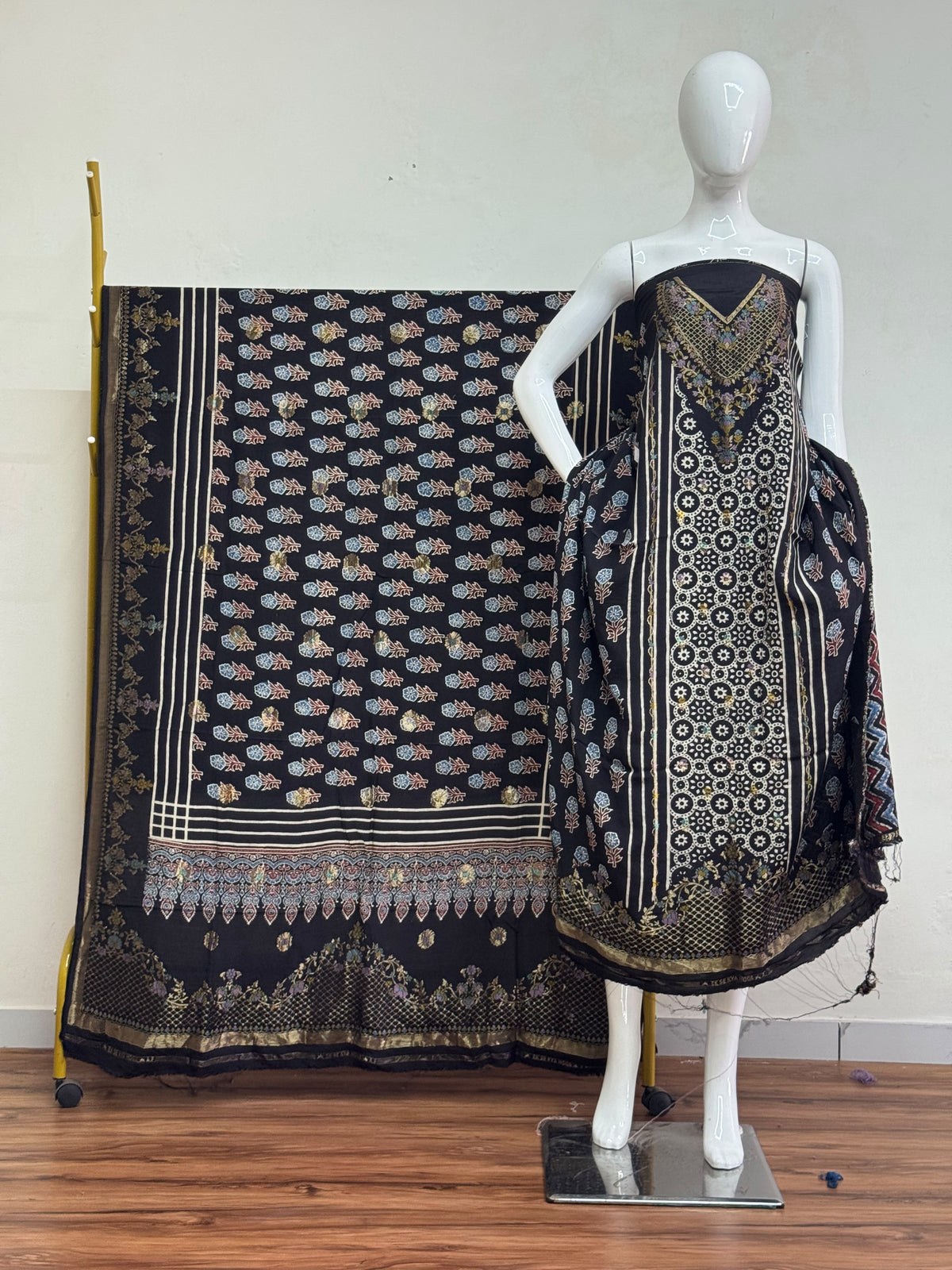 Meena Kari Dola Silk Ajrakh Hand Block Print 2-Piece Suit 05 - The Ajrakh Studio