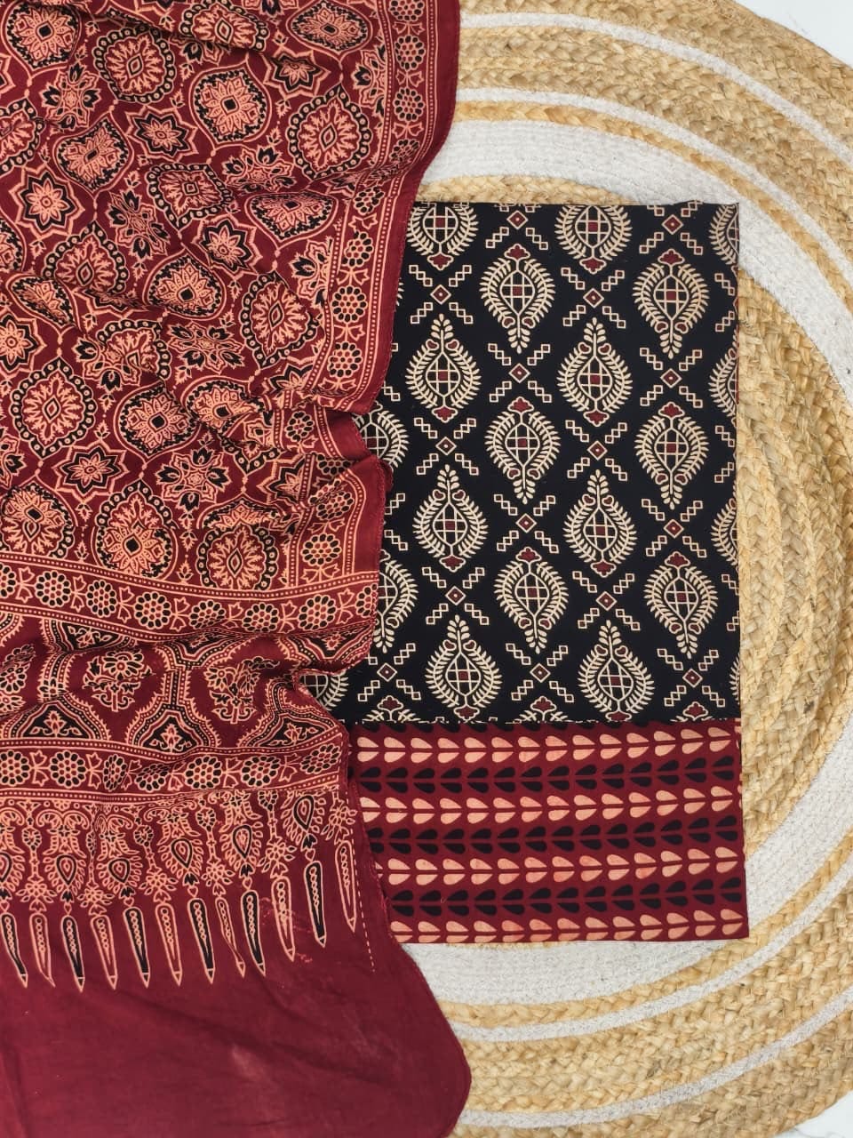 Pure Cotton Ajrakh Screen Print Natural Dye 3-Piece Suit 16 - The Ajrakh Studio