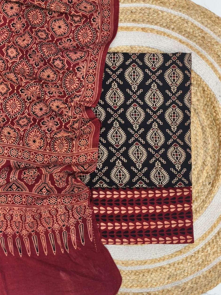 Pure Cotton Ajrakh Screen Print Natural Dye 3-Piece Suit 16 - The Ajrakh Studio