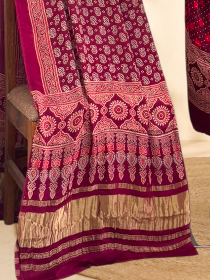Premium Ajrakh Hand Block Print Modal Silk 3-Piece Suit Set with Zari Pallu Dupatta
