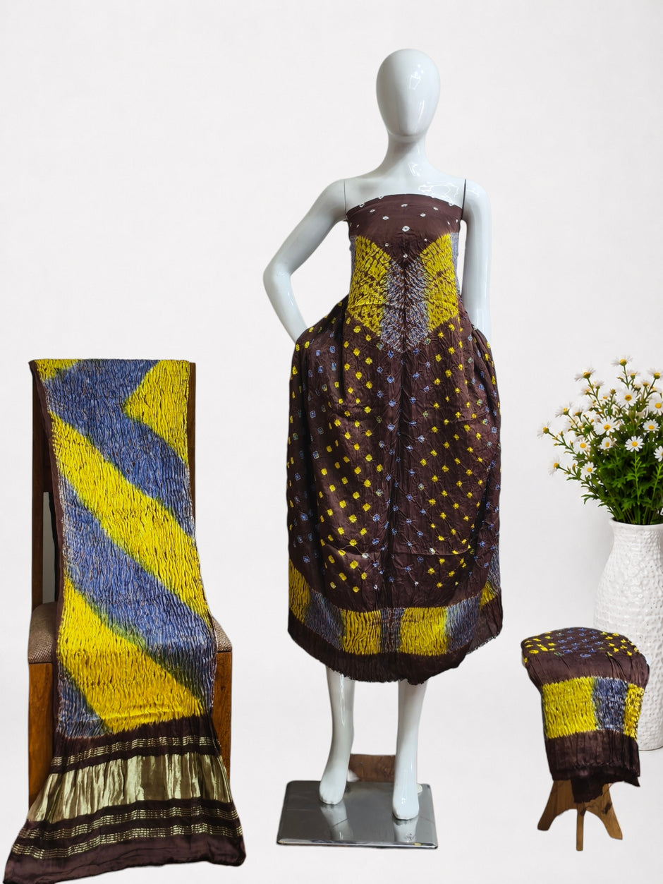 Multi-Color Shibori Modal Silk Unstitched Suit with Bandhani Border & Zari Dupatta