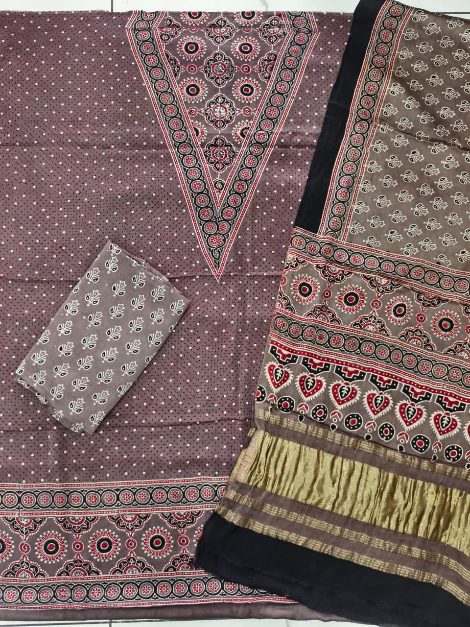 Havi Pure Modal Silk Ajrakh Natural Dye Zari Pallu Suit 18 - The Ajrakh Studio