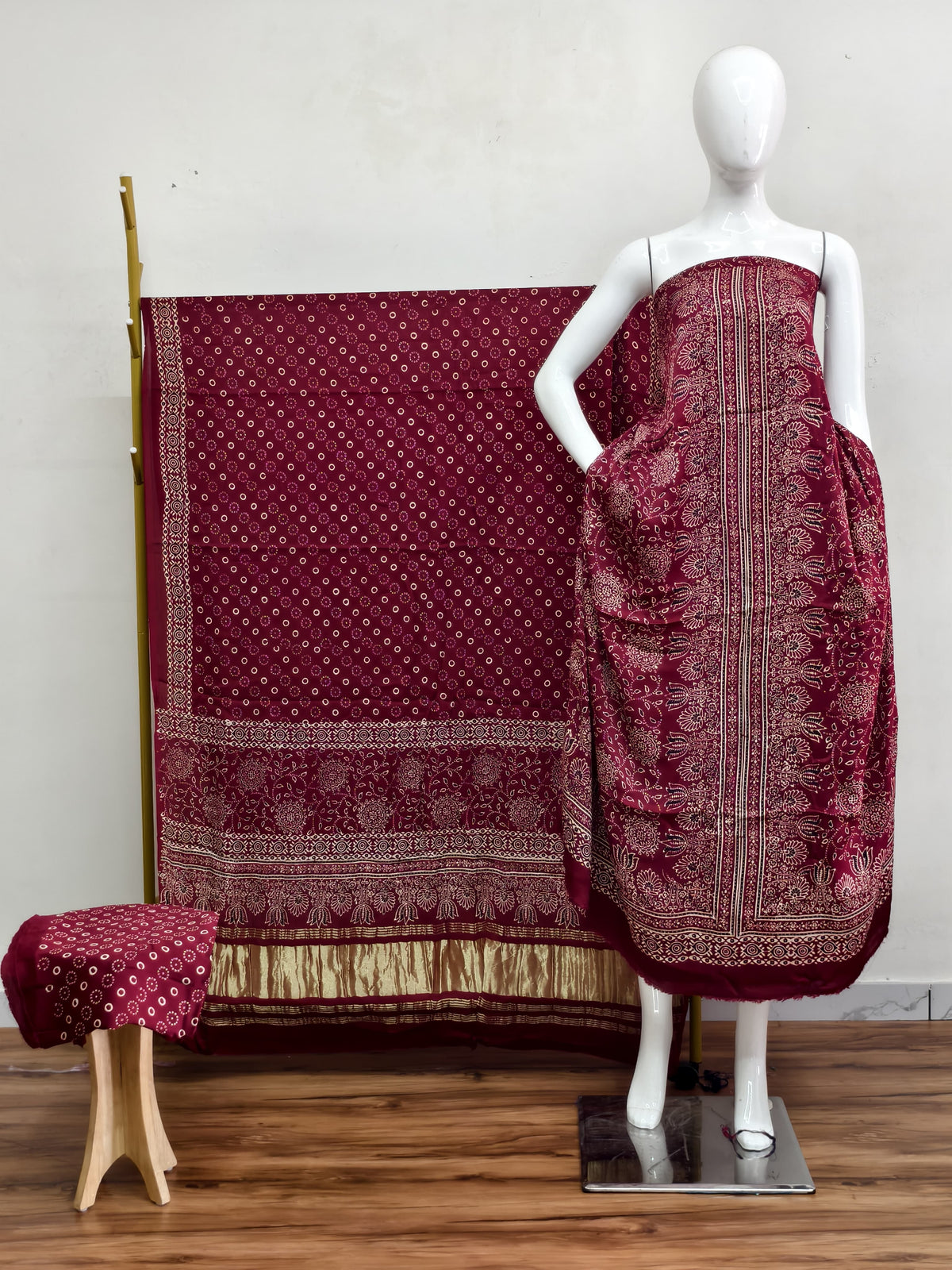 Havi Modal Silk Ajrakh Neptol Dye & Discharge Print Panel Design 3-Piece Suit - The Ajrakh Studio