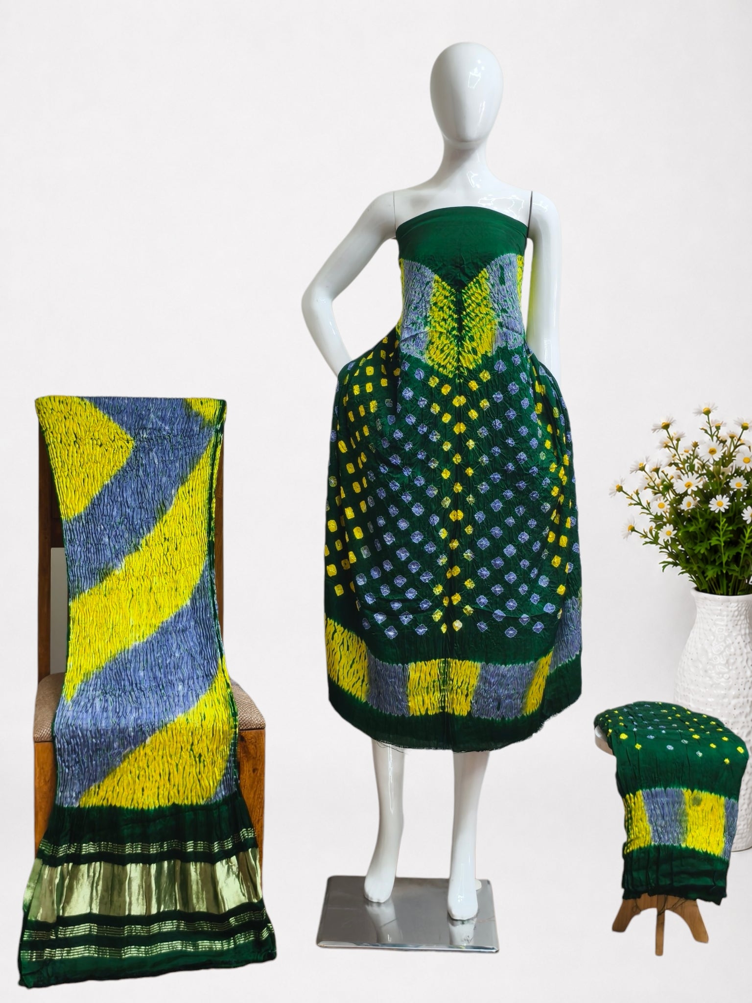 Multi-Color Shibori Modal Silk Unstitched Suit with Bandhani Border & Zari Dupatta