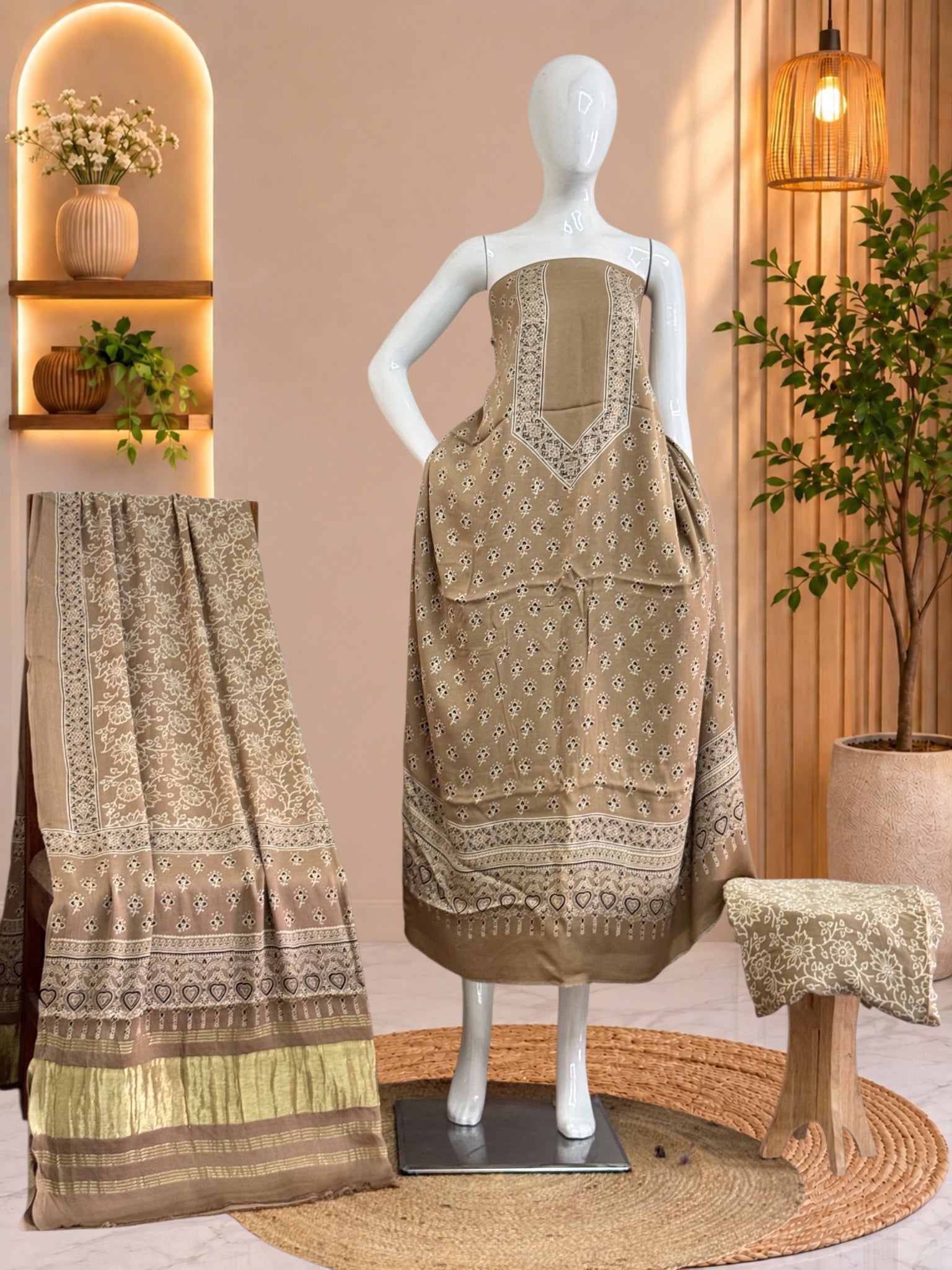 Premium  Ajrakh Hand Block Print Modal Silk 3-Piece Suit Set with Zari Pallu Dupatta