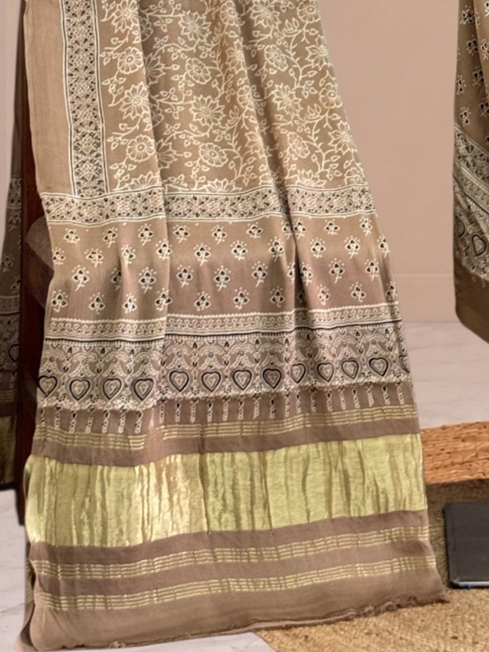 Premium  Ajrakh Hand Block Print Modal Silk 3-Piece Suit Set with Zari Pallu Dupatta