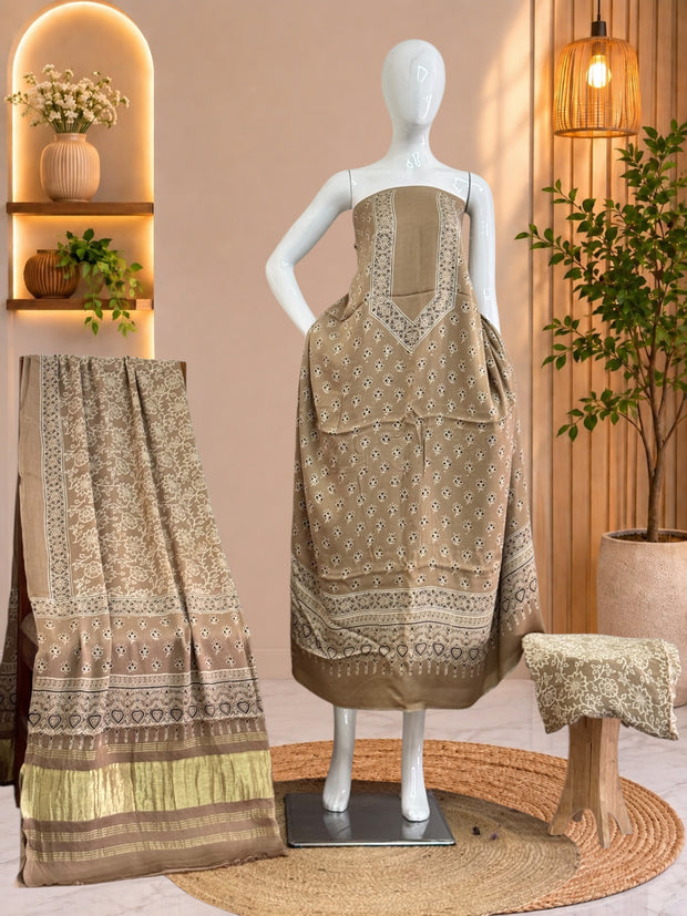 Premium  Ajrakh Hand Block Print Modal Silk 3-Piece Suit Set with Zari Pallu Dupatta