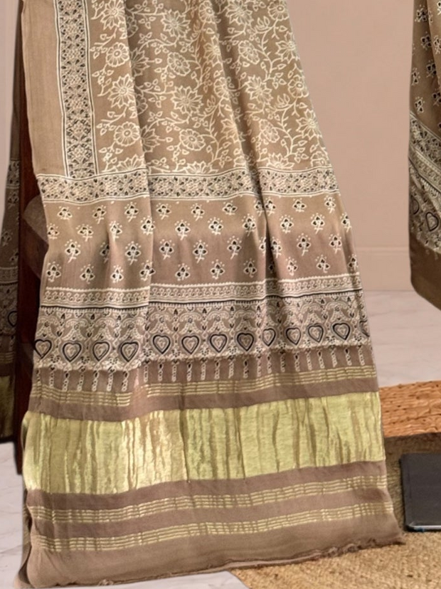 Premium  Ajrakh Hand Block Print Modal Silk 3-Piece Suit Set with Zari Pallu Dupatta
