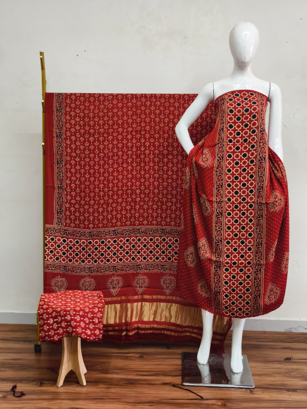 Havi Modal Silk Ajrakh Neptol Dye & Discharge Print Panel Design 3-Piece Suit - The Ajrakh Studio