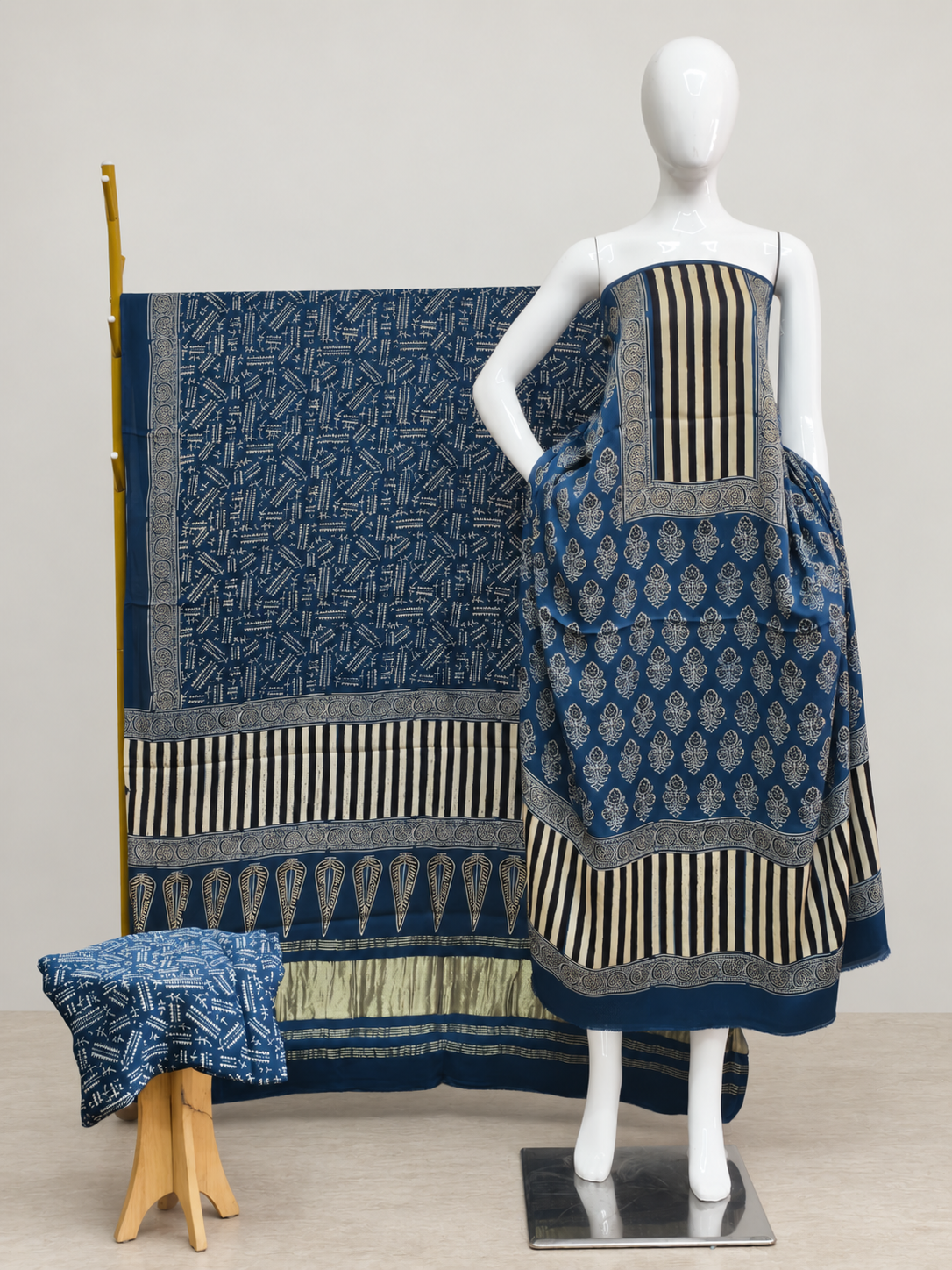 Havi Modal Silk Ajrakh Neptol Dye & Discharge Print Panel Design 3-Piece Suit - The Ajrakh Studio