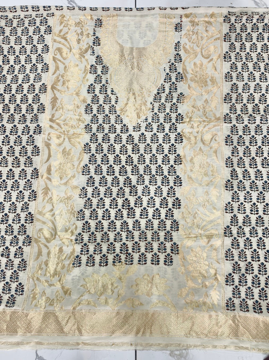 Premium Dola Silk Ajrakh Hand Block Print Natural Dye 2-Piece Suit with Zari Border Dupatta