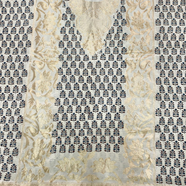 Premium Dola Silk Ajrakh Hand Block Print Natural Dye 2-Piece Suit with Zari Border Dupatta
