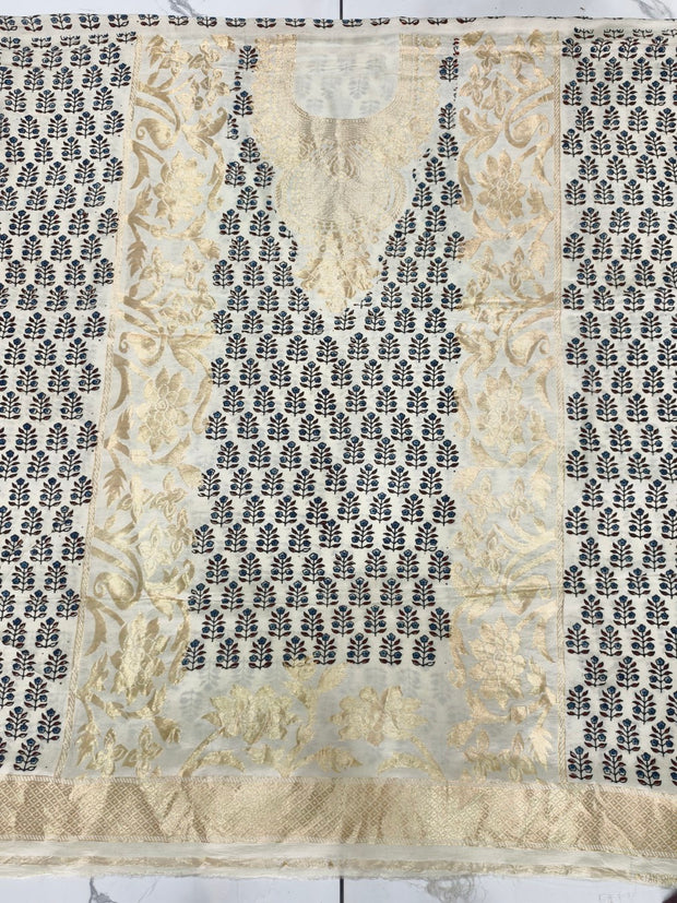 Premium Dola Silk Ajrakh Hand Block Print Natural Dye 2-Piece Suit with Zari Border Dupatta