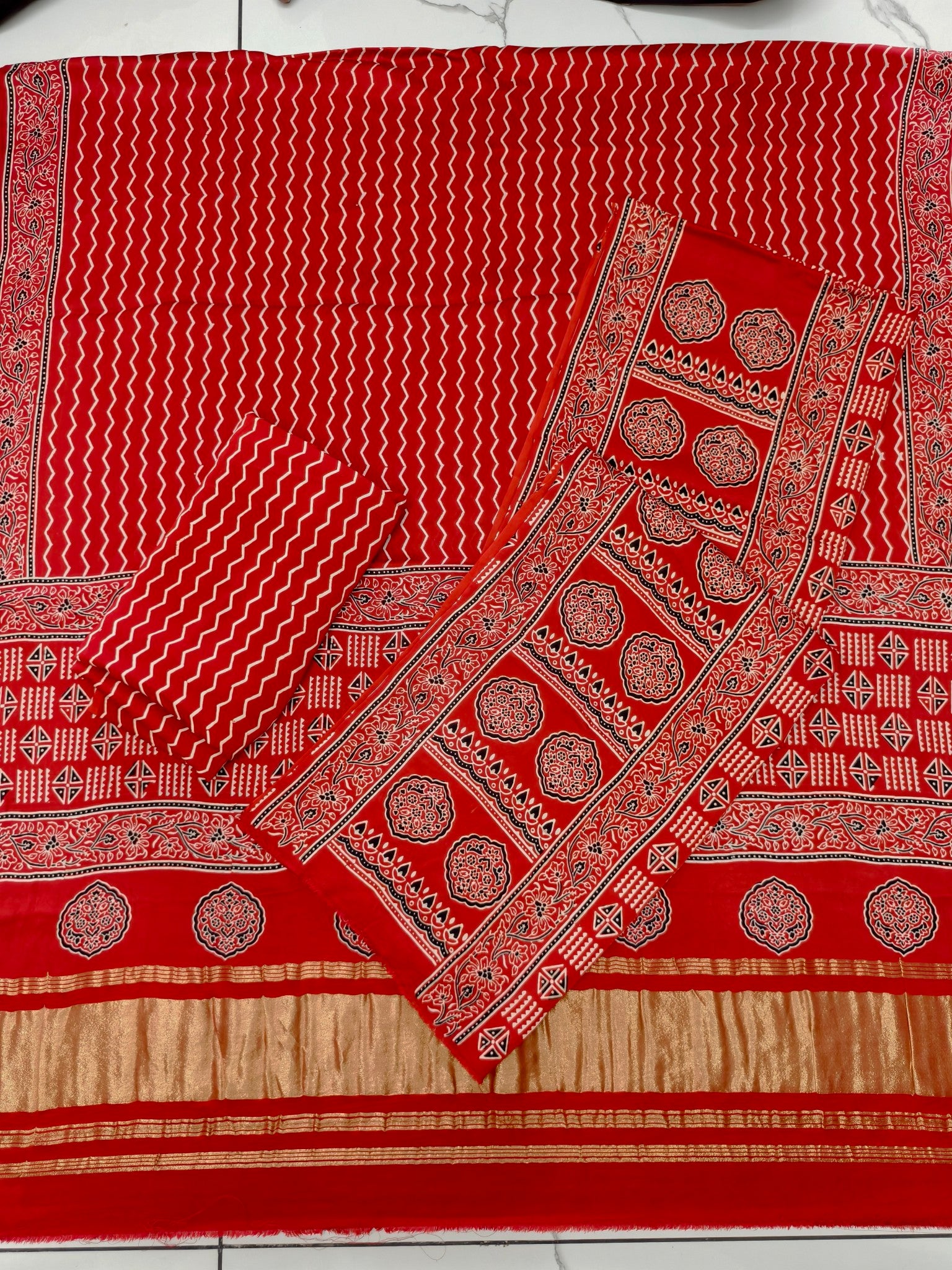 Premium Ajrakh Hand Block Print Modal Silk 3-Piece Suit Set with Zari Pallu Dupatta