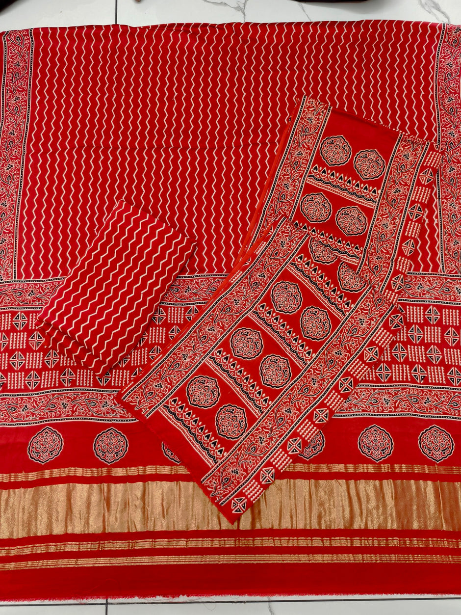 Premium Ajrakh Hand Block Print Modal Silk 3-Piece Suit Set with Zari Pallu Dupatta