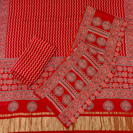 Premium Ajrakh Hand Block Print Modal Silk 3-Piece Suit Set with Zari Pallu Dupatta