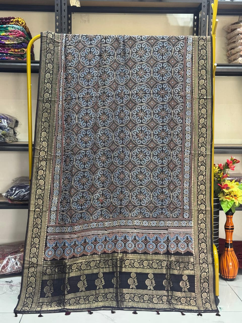 Dola Silk Ajrakh Hand Block Print Natural Dye Zari Pallu Dupatta 18 - The Ajrakh Studio