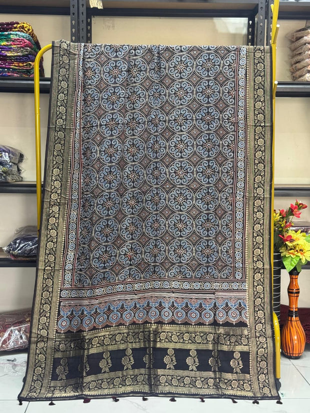 Dola Silk Ajrakh Hand Block Print Natural Dye Zari Pallu Dupatta 18 - The Ajrakh Studio