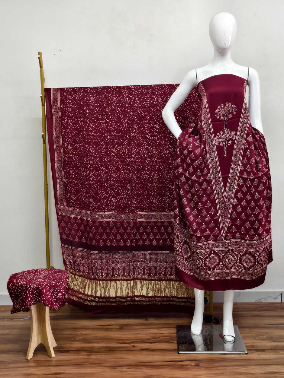 Havi Modal Silk Ajrakh Neptol Dye & Discharge Print Panel Design 3-Piece Suit - The Ajrakh Studio