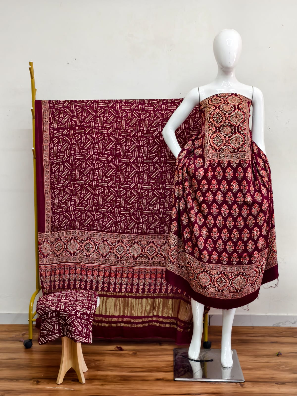 Havi Modal Silk Ajrakh Neptol Dye & Discharge Print Panel Design 3-Piece Suit - The Ajrakh Studio