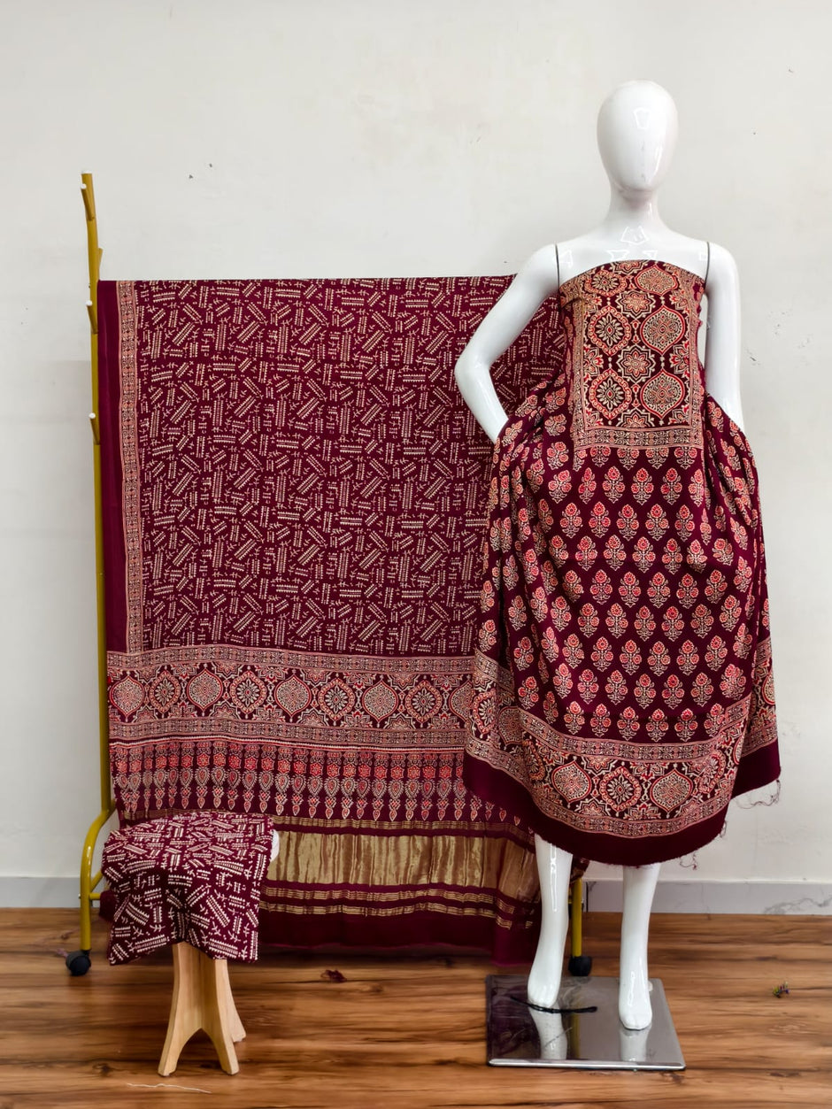 Havi Modal Silk Ajrakh Neptol Dye & Discharge Print Panel Design 3-Piece Suit - The Ajrakh Studio
