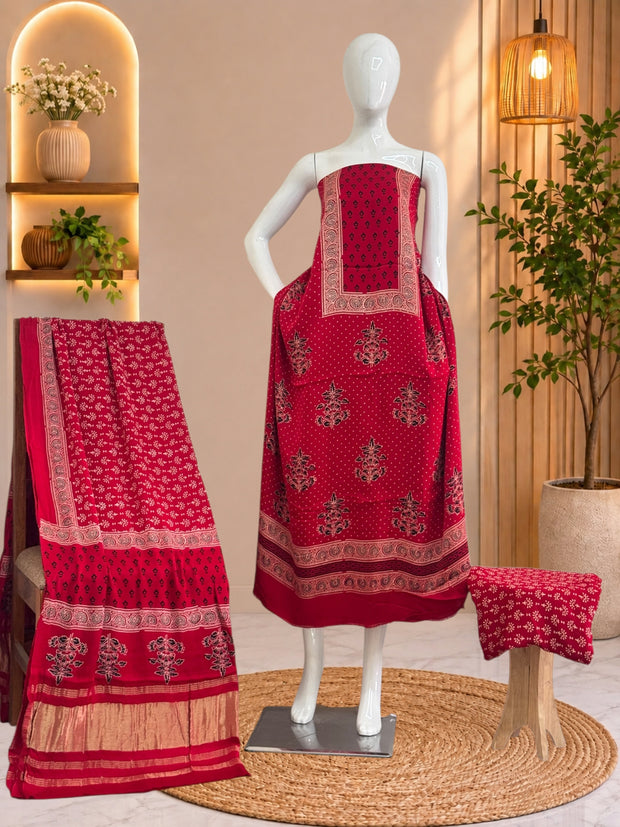 Premium Red Ajrakh Hand Block Print Modal Silk 3-Piece Suit Set with Zari Pallu Dupatta