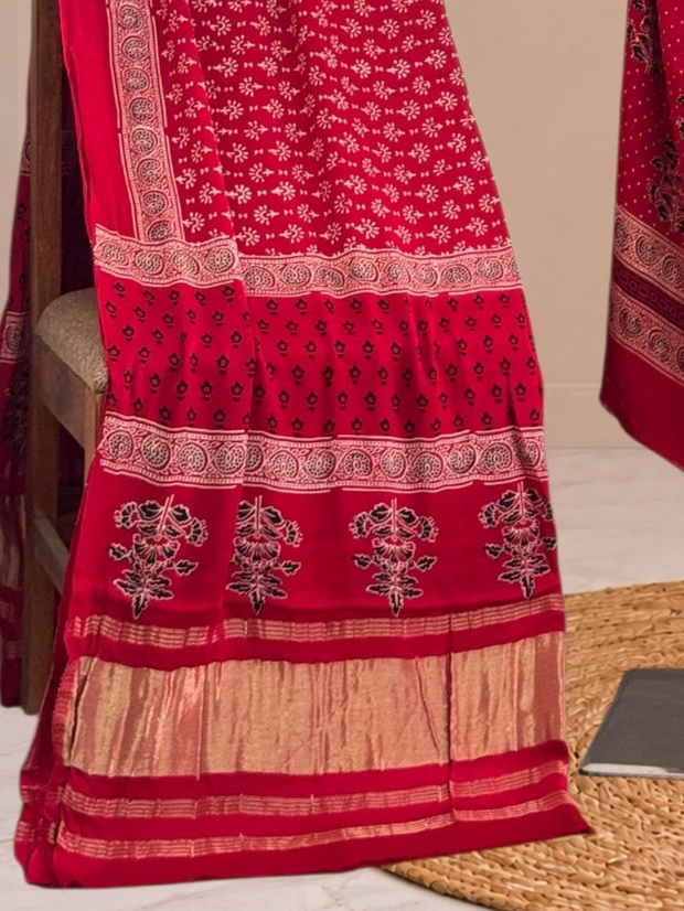 Premium Red Ajrakh Hand Block Print Modal Silk 3-Piece Suit Set with Zari Pallu Dupatta