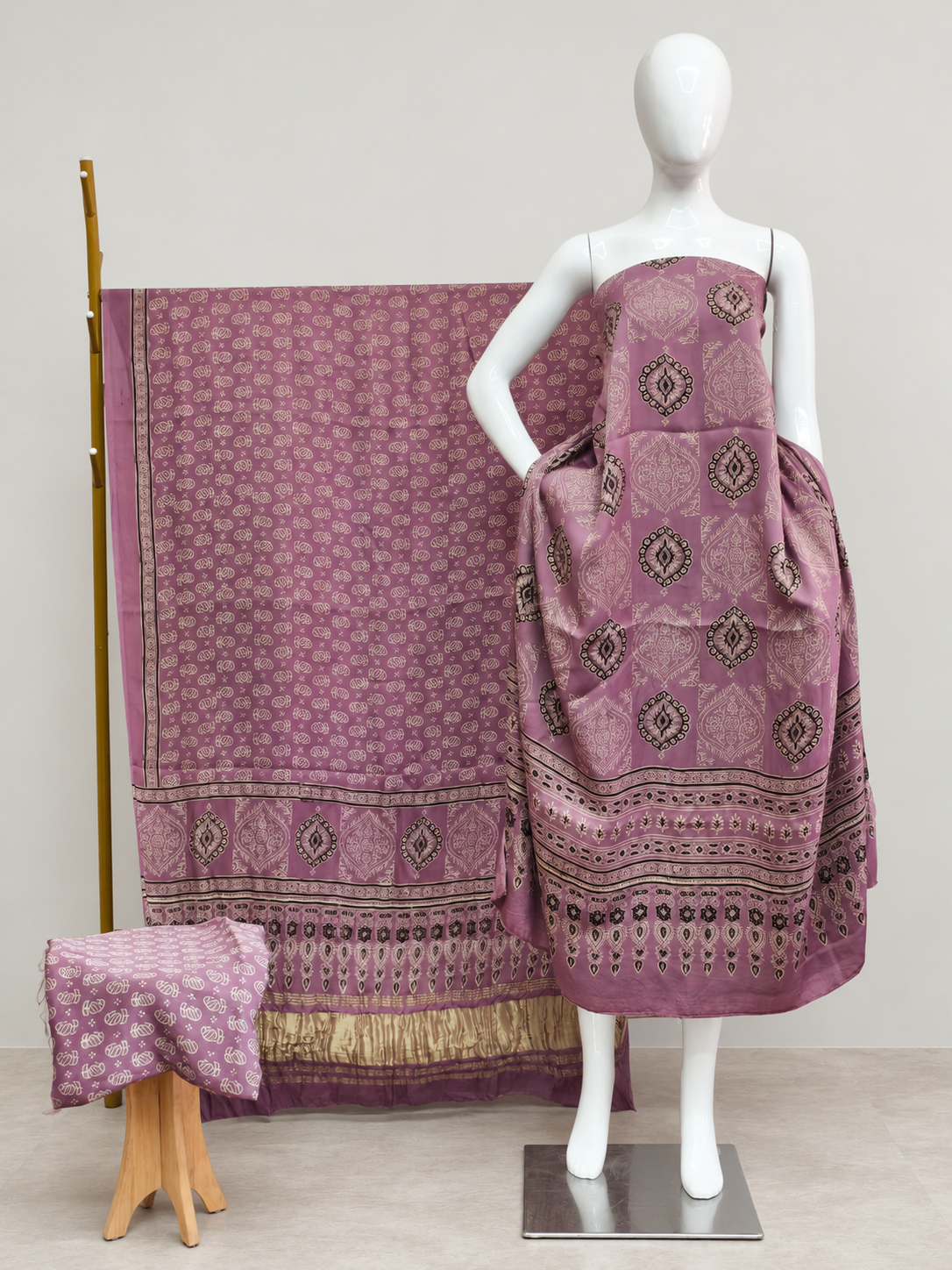Havi Modal Silk Ajrakh Neptol Dye & Discharge Print Panel Design 3-Piece Suit - The Ajrakh Studio