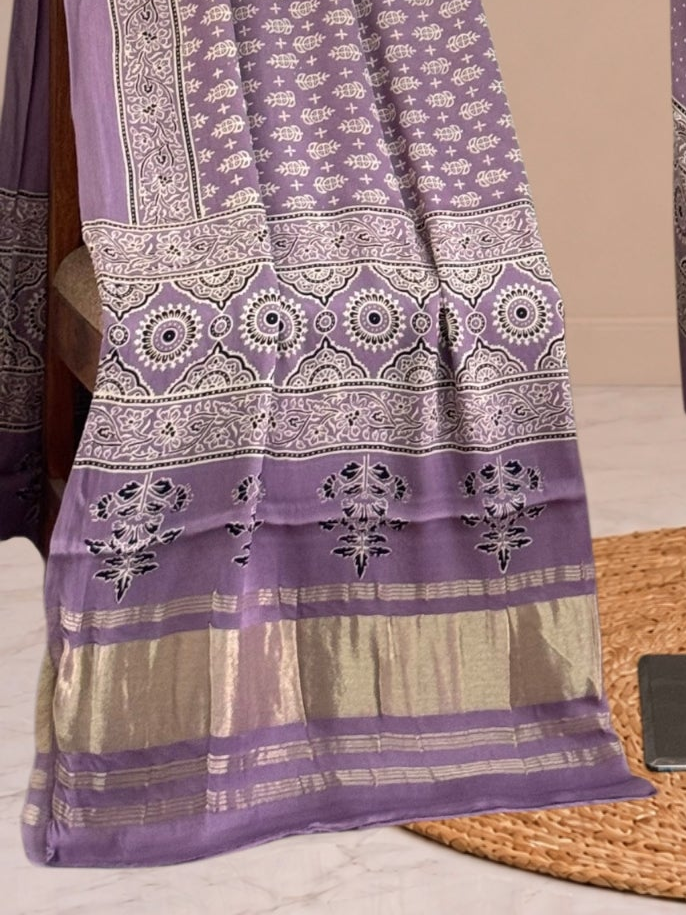 Premium  Ajrakh Hand Block Print Modal Silk 3-Piece Suit Set with Zari Pallu Dupatta