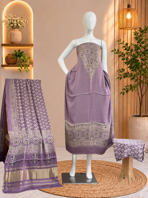 Premium  Ajrakh Hand Block Print Modal Silk 3-Piece Suit Set with Zari Pallu Dupatta